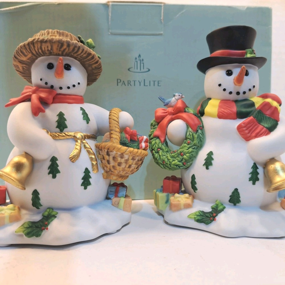 PartyLite Snowman Christmas Holiday Ceramic Candle Set of 2 w/ Box 1990s